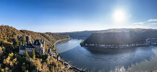 Germany, Rhineland-Palatinate, Sankt Goarshausen, Helicopter panorama of Rhine Gorge on sunny autumn day - AMF09540