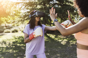 Ältere Frau mit VR-Brille boxt mit Tochter im Park - JCCMF06529