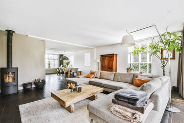 Bequemes Sofa auf Teppich mit Tisch im stilvollen Wohnzimmer mit Grünpflanzen am Fenster - ADSF35081