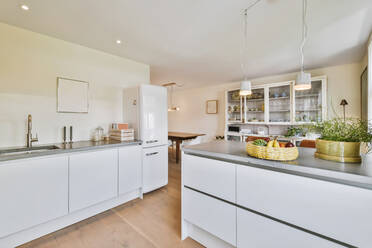 Offene Küche mit Arbeitsplatte mit Spüle neben einem Kühlschrank und auf der Rückseite ein Regal mit Geschirr und Glastüren neben einem Esstisch aus Holz - ADSF35171