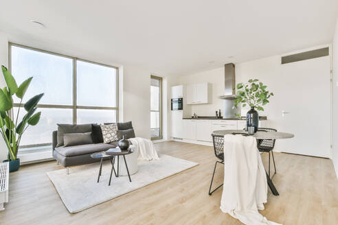 Interieur einer geräumigen, modernen Wohnung im minimalistischen Stil mit offener Küche und bequemen Sofas am Esstisch im Tageslicht - ADSF35228