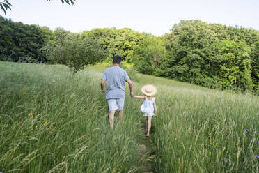 Father and daughter holding hands walking through field - SVKF00312