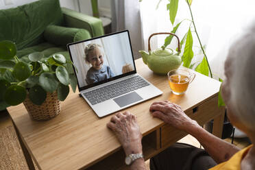 Ältere Frau führt ein Videogespräch mit ihrer Enkelin über einen Laptop - SVKF00347