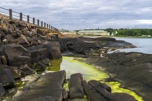 Sweden, Halland, Varberg, Rocky coast and retaining wall - STSF03246