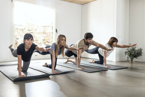 Man and women practicing balancing pose at yoga class - JSRF02137