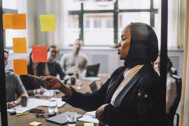 Young businessman wearing headscarf explaining adhesive notes to colleagues during meeting in creative office - MASF30964