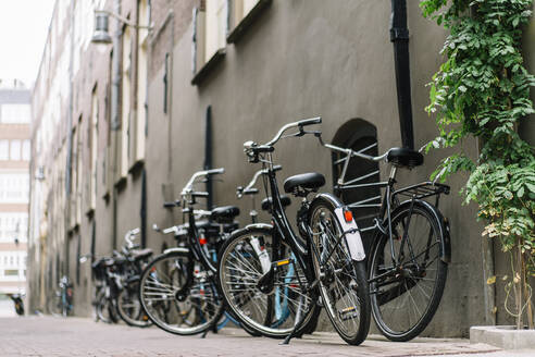 Low angle of modern bicycles parked on street near wall of modern residential building in daytime in Amsterdam - ADSF35490