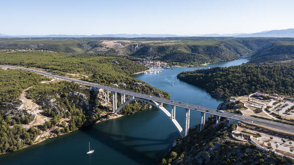 Aerial View of Bridge Over River Krka, Skradin, Croatia. - AAEF14832