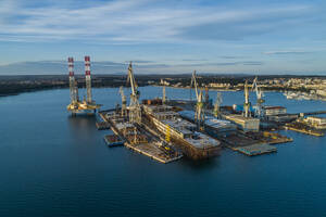 Aerial view of Pula harbour and a shipyard, Pula, Istria, Croatia. - AAEF14862