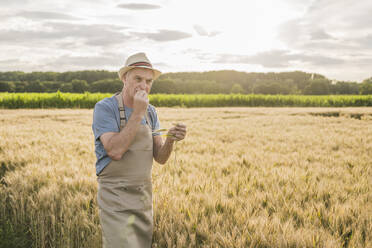 Farmer smelling wheat crop standing in farm - UUF26699