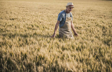 Senior farmer wearing hat walking in field - UUF26703