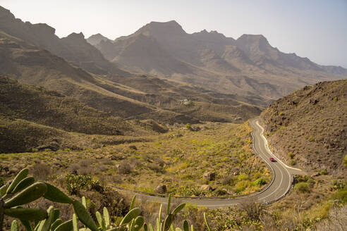 Blick auf Straße und Flora in bergiger Landschaft bei Tasarte, Gran Canaria, Kanarische Inseln, Spanien, Atlantik, Europa - RHPLF22092