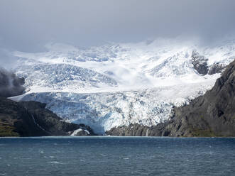 Eis- und schneebedeckte Berge mit Gletschern in der King Haakon Bay, Südgeorgien, Südatlantik, Polarregionen - RHPLF22129