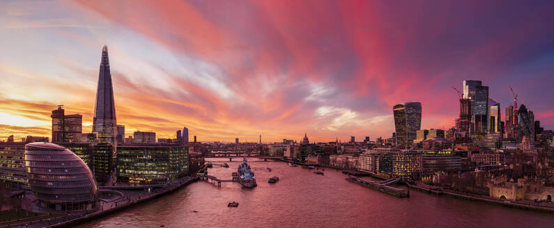 Panoramic view of River Thames, The Shard, City of London and London Bridge at sunset, London, England, United Kingdom, Europe - RHPLF22180