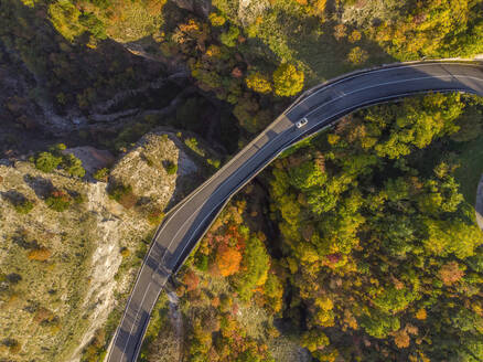 Aerial view of Scheggia Pass and Ponte a Botte bridge in autumn, Scheggia, Apennines, Umbria, Italy, Europe - RHPLF22228