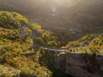 Aerial view of Scheggia Pass and Ponte a Botte bridge in autumn, Scheggia, Apennines, Umbria, Italy, Europe - RHPLF22229