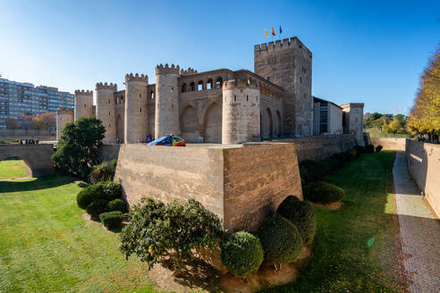 Aljaferia fortified medieval Islamic palace building exterior, Zaragoza, Aragon, Spain, Europe - RHPLF22261