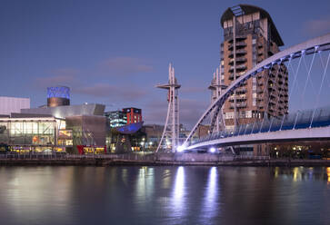 The Lowry Centre and Lowry Footbridge at night, Salford Quays, Salford, Manchester, England, United Kingdom, Europe - RHPLF22269