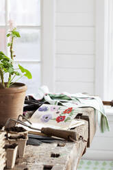 Garden fork, book of flowers, and potted plant on bench - FOLF11447