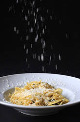 Studioaufnahme von geriebenem Parmesan, der auf einen Teller mit Nudeln gegossen wird - JTF02118