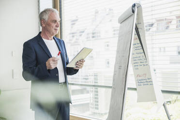 Leitender Geschäftsmann plant Strategie auf Flipchart im Büro - UUF26794