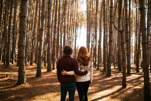 Back view of young unrecognizable couple standing embracing each other in autumn forest in national park in canada - ADSF35620