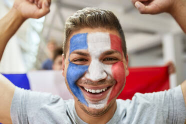 Glücklicher Fan mit französischer Flagge auf dem Gesicht im Stadion - ZEDF04718