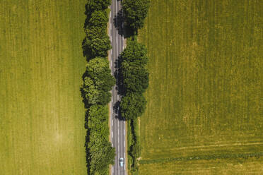 Luftaufnahme einer Straße durch die Landschaft in Saint-Amans-Soult, Frankreich. - AAEF14879