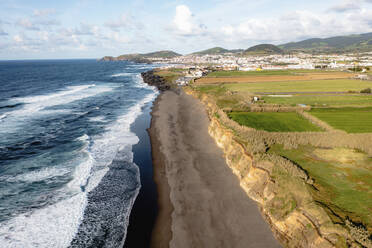 Panoramic aerial view of Sao Miguel island with black beach, Azores, Portugal. - AAEF14937