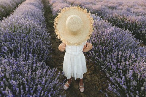 Mädchen, das sein Gesicht mit einem Hut verdeckt, steht in einem Lavendelfeld - SIF00290