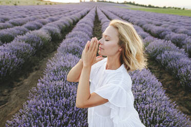 Blonde Frau mit gefalteten Händen, die in einem Lavendelfeld betet - SIF00341