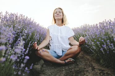 Smiling woman meditating amidst lavender plants - SIF00342