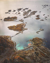 Aerial view of Henningsvaer town in the Lofoten Islands, Norway. - AAEF15031