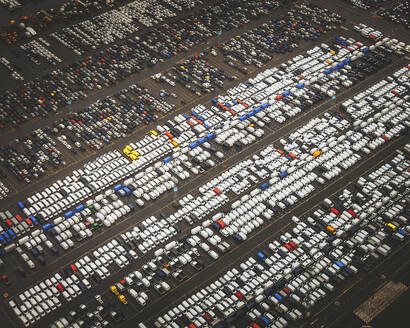 Aerial view of cars in the port of Antwerpen, Belgium. - AAEF15038