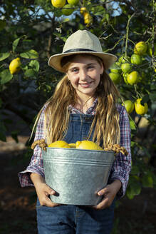 Freundlicher kleiner Gärtner in Freizeitkleidung mit Hut, der einen Eimer mit reifen Zitronen trägt und lächelnd in die Kamera blickt, während der Ernte an einem sonnigen Tag auf einem Bauernhof - ADSF35692
