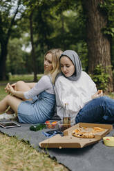 Junge Freunde sitzen Rücken an Rücken auf einer Picknickdecke mit Essen und Trinken im Park - KASF00010