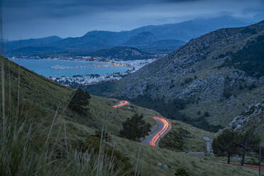 View of trail lights on road to Port de Pollenca at Mirador Es Colomer, Pollenca, Majorca, Balearic Islands, Spain, Mediterranean, Europe - RHPLF22352