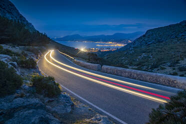 View of trail lights on road to Port de Pollenca at Mirador Es Colomer, Pollenca, Majorca, Balearic Islands, Spain, Mediterranean, Europe - RHPLF22353