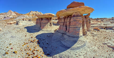 Three hoodoos in a triangular formation in Devil's Playground called the Unholy Trinity, Petrified Forest National Park, Arizona, United States of America, North America - RHPLF22419