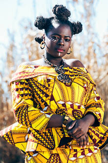 Young black female in vivid authentic African dress with hair buns and traditional makeup folding hands on belly and looking at camera while standing on blurred background of sunlit field - ADSF35839