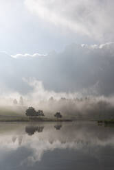 Deutschland, Bayern, Das Ufer des Schmalensees ist in dichten Herbstnebel gehüllt, die Berge sind im Hintergrund kaum zu erkennen - RUEF03761