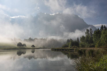 Deutschland, Bayern, Ufer des Schmalensees in dichten Herbstnebel gehüllt, im Hintergrund die Berge - RUEF03762