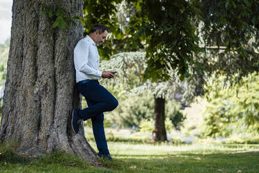 Mature businessman using smart phone leaning on tree trunk in park - JOSEF11087