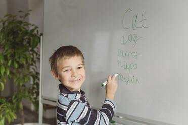 Smiling boy writing on whiteboard at home - OSF00365