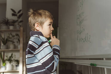 Thoughtful boy looking at spellings on whiteboard in home - OSF00366