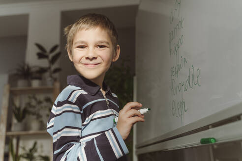 Smiling boy with felt tip pen by whiteboard at home - OSF00367
