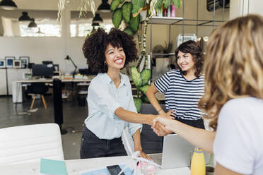 Happy businesswoman shaking hand with colleague at work place - MEUF07060