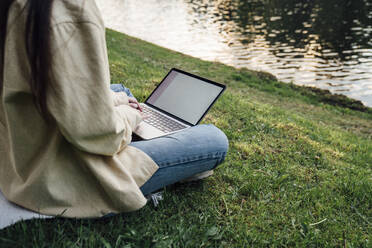 Freelancer working on laptop by lake in park - VPIF06814