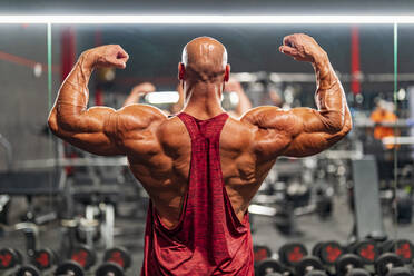 Bodybuilder flexing muscular back standing in gym - DLTSF03018