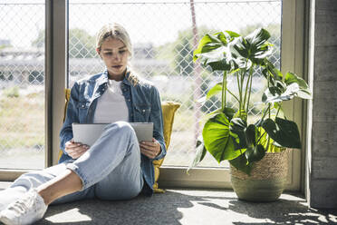 Businesswoman using tablet PC sitting on floor by plant in office - UUF26958